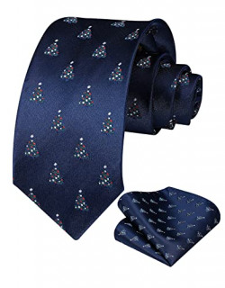 Briyard Mens Navy Blue Christmas Tie and Pocket Square Set, Holiday Festival Ties for Men, Funny Tie and Handkerchief Set for Vacation Xmas Party Necktie(Gift Box)