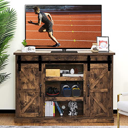 TURBRO Fireside FS48 TV Stand, Supports TVs up to 55 , with Farmhouse Style Sliding Barn Door, Entertainment Center and Adjustable Shelves for Living Room Storage, Rustic Brown (TV Stand Only)