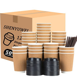 Shenyuwei [50 packs 12oz] Disposable Coffee Cups with Lids and Straws Insulated Kraft Ripple Wall To go Coffee Hot Paper Cups for Home Office Travel Cafes Shops Parties