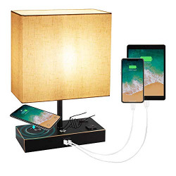 Bedside Table Lamp with Wireless Charger, Touch Control Table Lamp for Bedroom Living Room, 3 Way Dimmable Bedside Table Nightstand Lamp with 2 USB Ports and 2 AC Outlets, 9W Blub Inclued(Black).