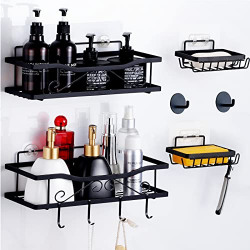 Lunuxiki Adhesive Shower Caddy, 6-Pack Rustproof Shower Shelf with Soap Holder, No Drilling Shower Organizer with 4 Hooks, Bathroom Shower Rack Shelves for Inside Shower , Bathroom, Kitchen Storage
