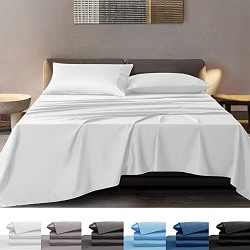 SONORO KATE Bamboo Sheets Bed Sheet Set - 100% Pure Organic Viscose - 400TC Bamboo 6 Pieces - Fit 18-20 Inch Deep Pocket Silk Feel, Cooling, Anti-Static, Hypoallergenic (White, Queen)