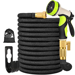 TOCZIM 50FT Expandable Garden Hose - Flexible Hose with Extra Strength 3750D Fabric 4-Layers Latex 3/4  Solid Brass Connectors 9 Function Spray Nozzle - Easy Storage No Kink Lightweight Water Hose