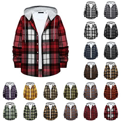 Iuhan Men's Plaid Hoodie Jacket Long Sleeve Button Down Shirts Casual Loose Lightweight Shirt Jackets