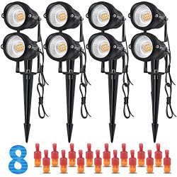 BROICS 7W LED Landscape Lighting, Low Voltage Landscape Lights, 12V Outdoor Garden Pathway Yard Wall Tree Flag Lights with Stakes 900LM IP66 Waterproof Warm White Light (8 Pack with Connector)