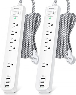 Surge Protector Power Strip - 10 FT Long Extension Cord with 5 Widely AC Outlets 3 USB Ports, Power Strip Long Cord, Flat Plug with Overload Surge Protection for Home, Office, Dorm Essentials (2 Pack)