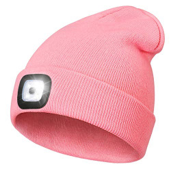 LED Beanie with Light,Unisex USB Rechargeable Hands Free 4 LED Headlamp Cap Winter Knitted Night Lighted Hat Flashlight Women Men Gifts for Dad Him Husband (Pink)