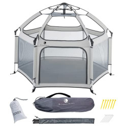 POP 'N GO Premium Outdoor Baby Playpen - Portable, Lightweight, Pop Up Pack and Play Toddler Play Yard w/ Canopy and Travel Bag - Grey