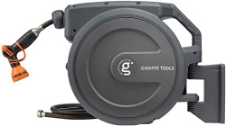 Giraffe Tools Retractable Hose Reel 5/8 inch x 90 ft Wall Mounted Garden Hose Reel Heavy Duty with Automatic Rewind, 180 Deg Swivel Bracket, Any Length Lock, 9 Pattern Hose Nozzle