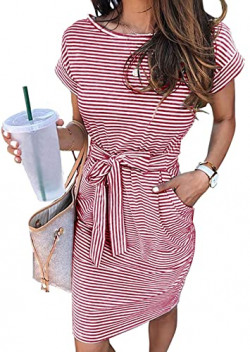 MEROKEETY Women's Summer Striped Short Sleeve T Shirt Dress Casual Tie Waist with Pockets Wine