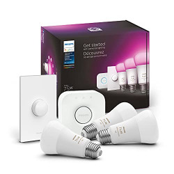 Philips Hue Smart Light Starter Kit - Includes (1) Bridge, (1) Smart Button and (3) Smart 75W A19 LED Bulbs - White and Color Ambiance - 1100LM - E26 - Control with Hue App or Voice Assistant