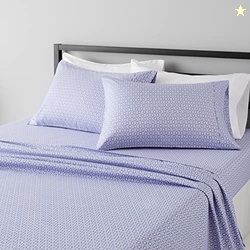 Amazon Basics Lightweight Super Soft Easy Care Microfiber 4 Piece Bed Sheet Set With 14" Deep Pockets, Queen, Blue Damask, Printed