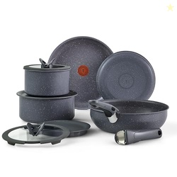 T-FAL INGENIO ESSENTIALS COOKWARE SET WITH DETACHABLE/REMOVABLE HANDLE 11 PIECE, GRANITE TITANIUM NON STICK, OVEN BROILER SAFE 500F, STACKABLE, POTS AND PANS SET, FRYING PANS, DISHWASHER SAFE, GRAY