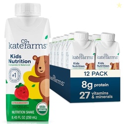 KATE FARMS Organic Kids Nutrition Strawberry Shake, 8g Protein, 27 Vitamins and Minerals, Meal Replacement, Gluten Free, Non-GMO, 8.45 oz (12 Pack)