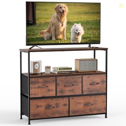 DUMOS TV Stand Dresser with 5 Fabric Storage Drawers, Media Console Featuring Open Shelf for 45 inch TV, Compact Entertainment Unit for Bedroom, Living Space, or Dorm Organization, Rust