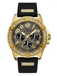 GUESS Comfortable Gold-Tone Black Stain Resistant Silicone Watch with Crystal Embellished Day, Date + 24 Hour Military/Int'l Time. Color: Black (Model: U1132G1)