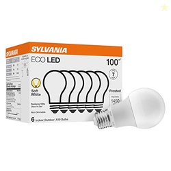 SYLVANIA ECO LED A19 LIGHT BULB, 100W EQUIVALENT, EFFICIENT 14.5W, 7 YEAR, 1450 LUMENS, NON-DIMMABLE, FROSTED, 2700K, SOFT WHITE - 6 PACK (40885)