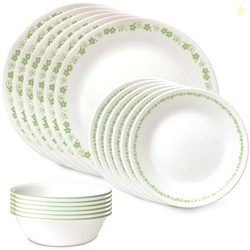 Corelle Vitrelle 18 Piece Glass Dinnerware Sets Service for 6, Triple Layer Chip & Crack Resistant Glass Plate and Bowl Sets, Spring Blossom Green