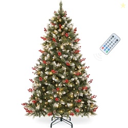 YITAHOME Prelit Pre-Decorated Pine Christmas Tree 6FT with Remote, Artificial Hinged Xmas Tree with 818 Flocked Frosted Tips, 250 Lights, 58 Pine Cones & 58 Red Berries for Holiday Party Office Home