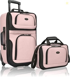 U.S. TRAVELER, RIO RUGGED FABRIC EXPANDABLE UPRIGHT ROLLING CARRY-ON LUGGAGE SET W/TOTE BAG, PINK, 2-PIECE (21/14)