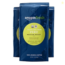 AMAZON FRESH ORGANIC FAIR TRADE PERU WHOLE BEAN COFFEE, MEDIUM ROAST, 12 OUNCE (PACK OF 3)