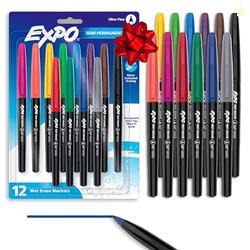EXPO Wet Erase Markers, Semi-Permanent, Assorted Colors, Ultra Fine Tip, 12 Count - For Writing on Glass, Whiteboards, Mirrors, Calendar, Labeling, Organizing