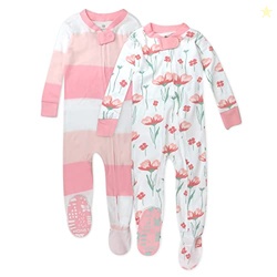 HonestBaby Non-Slip Footed Pajamas One-Piece Sleeper Jumpsuit Zip-Front PJs 100% Organic Cotton for Baby Girls, Jumbo Ombre Stripe Strawberry Cream, 24 Months