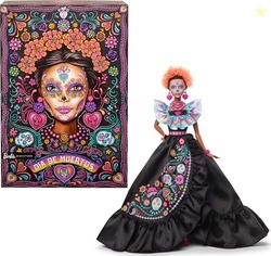 Barbie Signature Doll, 2024 Da De Muertos Collectible in Black Dress with Blue Ruffle Top, Embroidered Print, and Colorful Accessories