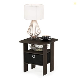 Furinno ANDREY Side Table, End Table, Night Stand with Open Shelves and Storage Bin, Bedside Table, for Living Room, Bedroom, Dark Brown