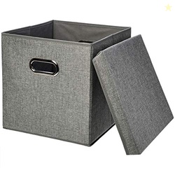 Amazon Basics Foldable Burlap Cloth Cube Storage Bin with Lid, Stackable and Sturdy, Gray, Set of 2