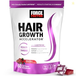 Force Factor Hair Growth Accelerator Soft Chews, Hair Growth Vitamins for Women and Men with Clinically Studied Lustriva and Biotin, Promotes Thicker, Fuller, Stronger Hair, Mixed Berry, 60 Soft Chews