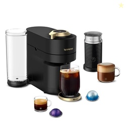NESPRESSO FESTIVE VERTUO POP+ DELUXE COFFEE AND ESPRESSO MAKER BY BREVILLE WITH MILK FROTHER, MATTE BLACK GOLD