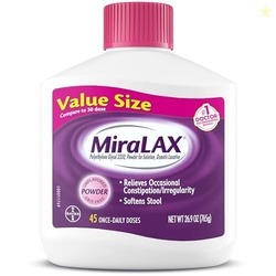 MiraLAX Laxative Powder, Gentle Constipation Relief for Adults, Stool Softener with PEG 3350, Nonstimulant Laxative, No Harsh Side Effects, Osmotic Laxative, 45 Dose