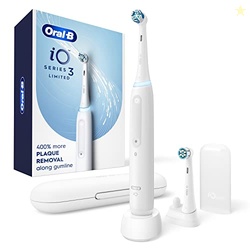 Oral-B iO Deep Clean Rechargeable Electric Powered Toothbrush, White with iO Series 3 Limited, 2 Brush Heads and Travel Case - Pressure Sensor to Protect Gums - 3 Cleaning Settings - 2 Minute Timer