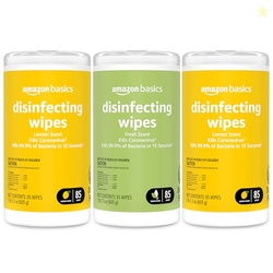 Amazon Basics Disinfecting Wipes, Lemon & Fresh Scent, Sanitizes/Cleans/Disinfects/Deodorizes, 255 Count (3 Packs of 85)