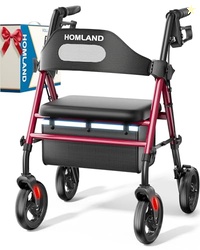 HOMLAND FOLDABLE ROLLATOR WALKERS WITH SEAT FOR SENIORS, 8'' BIG WHEELS, 350 LB. WEIGHT CAPACITY, ADJUSTABLE HANDLES AND SEAT HEIGHT, LIGHTWEIGHT ROLLING WALKER, RED