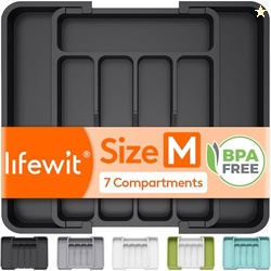 Lifewit Silverware Drawer Organizer, Expandable BPA Free Utensil Tray for Kitchen, Adjustable Flatware and Cutlery Holder for Spoons Forks Knives, Plastic Kitchen Organizers and Storage, Black