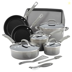 Rachael Ray Brights Nonstick Cookware Pots and Pans Set, 14 Piece, Sea Salt Gray