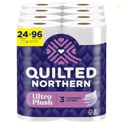 QUILTED NORTHERN ULTRA PLUSH TOILET PAPER, 24 MEGA ROLLS = 96 REGULAR ROLLS, 3X THICKER*, 3 PLY SOFT TOILET TISSUE