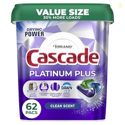 Cascade Platinum Plus Dishwasher Pods, Dish Detergent Soap, Clean Scent, 62 Count
