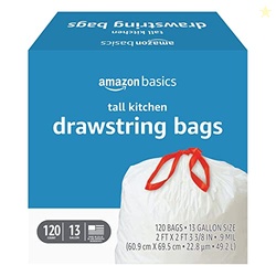 Amazon Basics Trash Bags, Tall Kitchen Drawstring, Unscented, 13 Gallon, 120 Count, Pack of 1