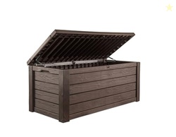 KETER WESTWOOD 150 GALLON DECK BOX ORGANIZER, DOUBLES AS 2-PERSON BENCH SEAT, BROWN  LARGE RESIN OUTDOOR STORAGE AND SEATING WITH LOCKABLE LID FOR GARDEN, POOL, AND PATIO
