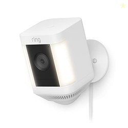 RING SPOTLIGHT CAM PLUS, PLUG-IN (NEWEST MODEL), HOME OR BUSINESS SECURITY WITH HD VIDEO, TWO-WAY TALK, COLOR NIGHT VISION, AND SECURITY SIREN, WHITE