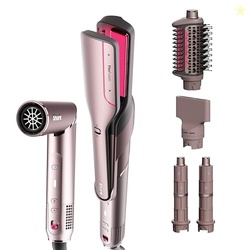 Shark FlexFusion Hair Straightener & Powerful Hair Dryer with Fusion Hair Brush, Ceramic Air Styler with Auto-Wrap Curlers & Concentrator, Ceramic Plates, Cosmic Blush HD641S