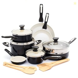 GREENPAN RIO 16 PIECE COOKWARE POTS AND PANS SET, HARD ANODIZED HEALTHY CERAMIC NONSTICK PFAS-FREE, BAKELITE HANDLES, FRYPANS, SAUCEPAN, SAUTE PAN, STOCK POT, KITCHEN TOOLS, DISHWASHER SAFE, BLACK