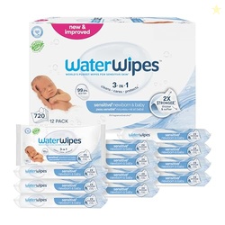 WATERWIPES SENSITIVE+ NEWBORN & BABY WIPES, 3-IN-1 CLEANS, CARES, PROTECTS, 99.9% WATER, UNSCENTED & HYPOALLERGENIC, 720 COUNT (12 PACKS)