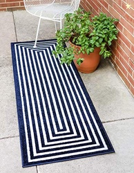 Sabrina Soto Outdoor Collection Area Rug-Prescott, 2 ft x 6 ft, Navy Blue/Ivory