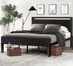 SHA CERLIN 14 INCH QUEEN SIZE METAL PLATFORM BED FRAME WITH WOODEN HEADBOARD AND FOOTBOARD, MATTRESS FOUNDATION, NO BOX SPRING NEEDED, LARGE UNDER BED STORAGE, NON-SLIP WITHOUT NOISE, BLACK OAK