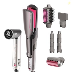 Shark FlexFusion Hair Straightener & Powerful Hair Dryer with Fusion Hair Brush, Ceramic Air Styler with Auto-Wrap Hair Curlers, Concentrator, & FrizzFighter, Ceramic Plates, Metallic Mist, HD651S