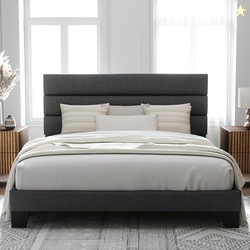 Allewie King Bed Frame Platform Bed with Fabric Upholstered Headboard and Wooden Slats Support, Fully Upholstered Mattress Foundation/No Box Spring Needed/Easy Assembly, Dark Grey